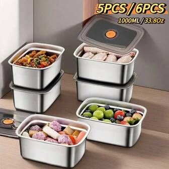Juego de recipientes de acero inoxidable duraderos de 1 litro - Tapa con cierre, a prueba de fugas, aptos para lavavajillas y congelador, para preparación de comidas, camping, dieta - Juego de 5/6 piezas apilables, de uso múltiple, para restaurantes, catering y almacenamiento de alimentos, artículos esenciales para catering, acabado metálico elegante, tapa con cierre , suministros para restaurantes, utensilios de cocina modernos, material de alta calidad, recipientes para preparación de comidas, para cocineros en casa