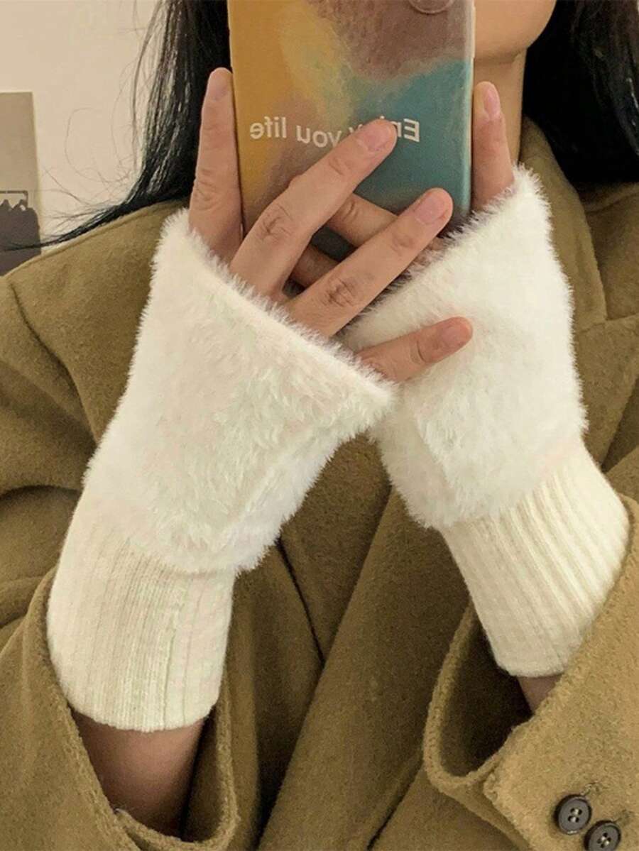 1pc Women's Autumn And Winter No Finger Plush Gloves, Versatile Exposed Finger Warm Gloves, Cute Student No Finger Gloves
