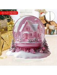 2D Flat, 1pc Elegant Pink Snowflake Candy House Christmas Decor - Winter Cottage In Crystal Ball With Candy Cane - Acrylic Desktop Decoration, Suitable For Home, Office, Holiday Party - Perfect Christmas Gift Decor, Holiday Scene Design, Cane Pattern, 2D Flat