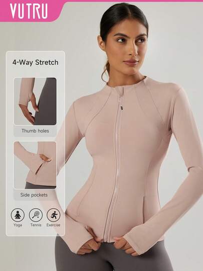 VUTRU 女式长袖夹克，带拇指孔、双口袋、跑步、健身上衣