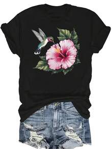 Camiseta con estampado de colibrí y flor de hibisco para mujeres y unisex, de verano, casual, transpirable y de personalidad, de cuello redondo y manga corta, para uso versátil, adecuada para adolescentes y adultos - Negro - Ver 1