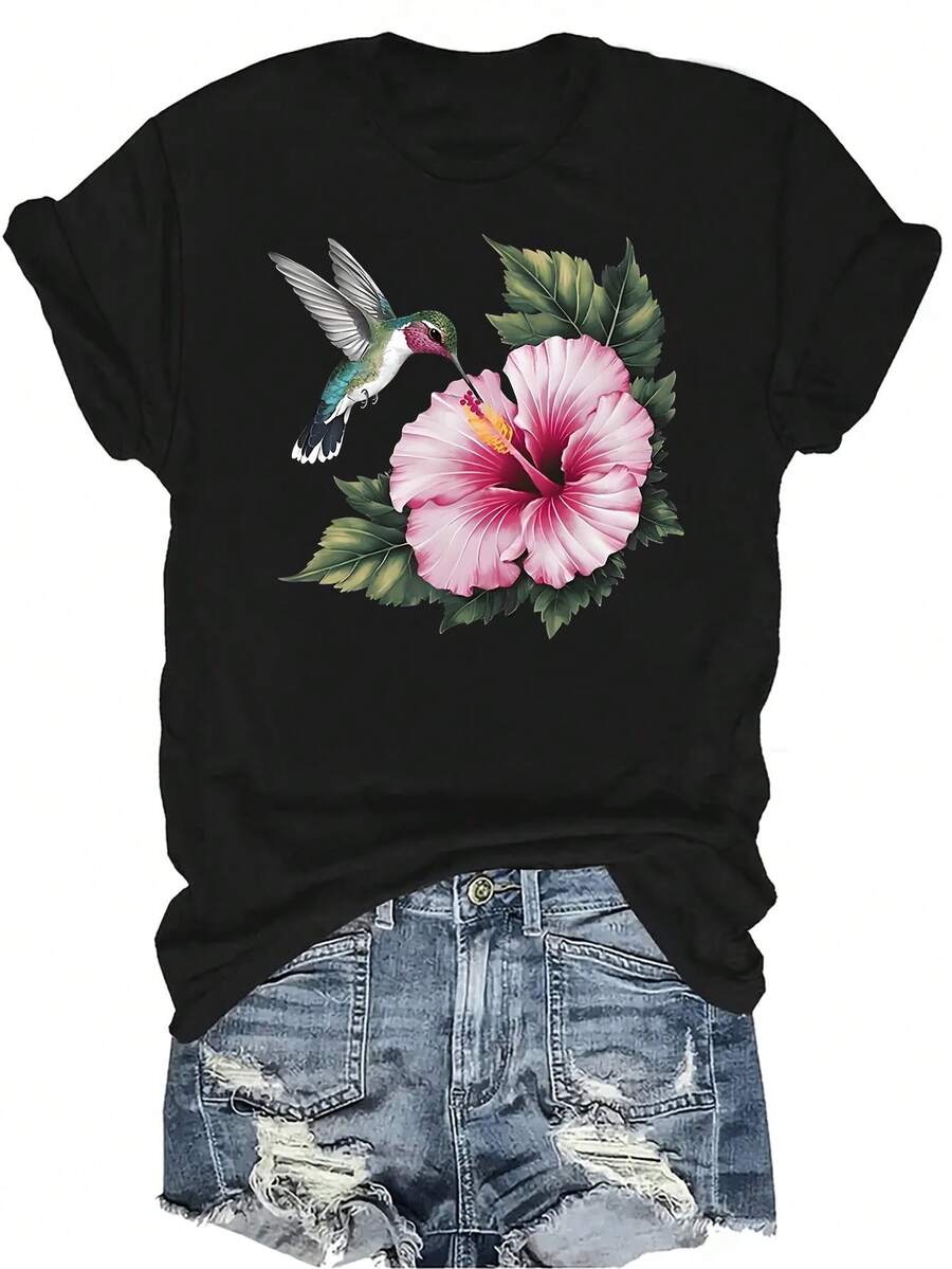 Camiseta con estampado de colibrí y flor de hibisco para mujeres y unisex, de verano, casual, transpirable y de personalidad, de cuello redondo y manga corta, para uso versátil, adecuada para adolescentes y adultos - Negro - Ver 1
