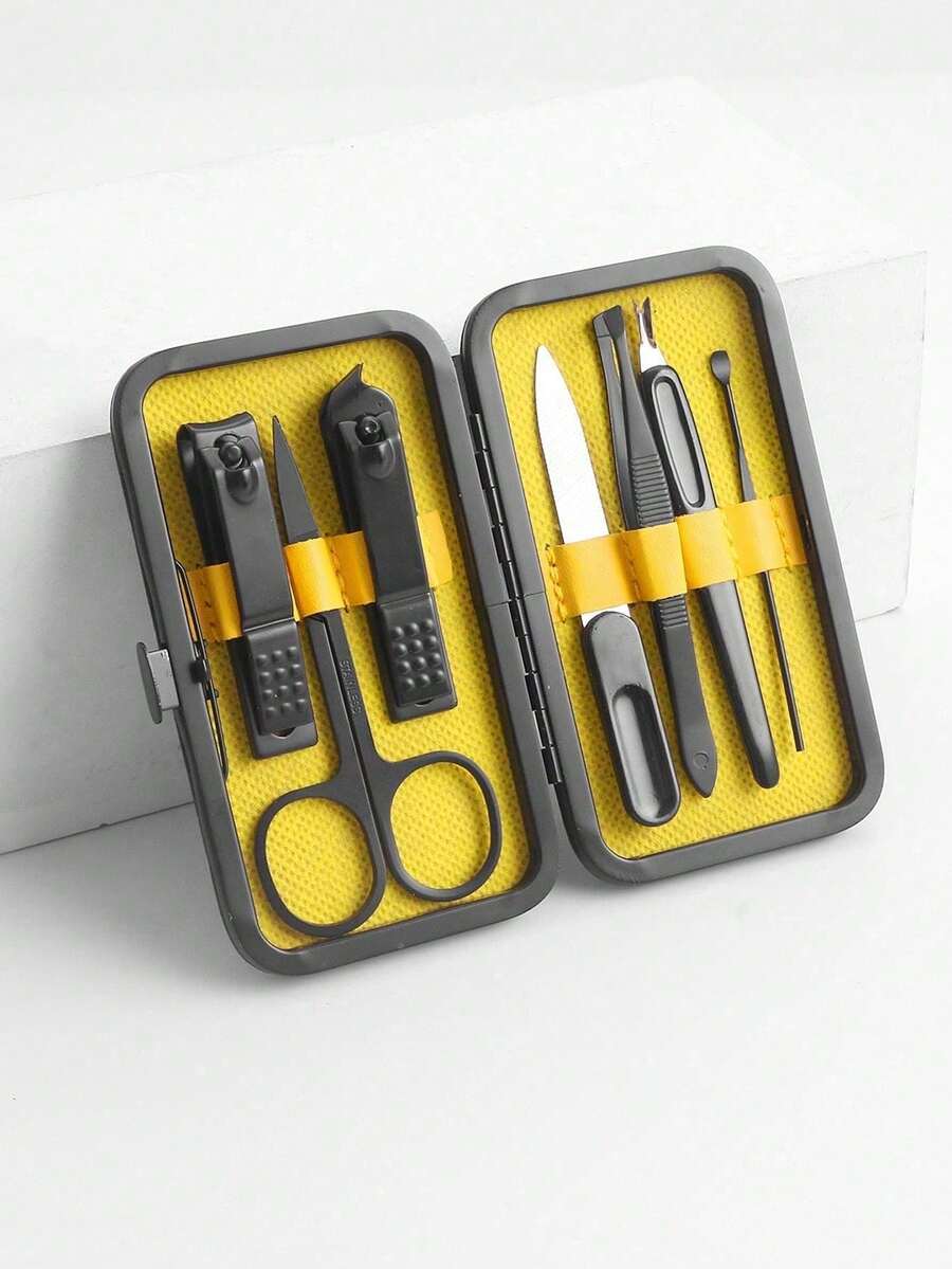 7件黄色美甲工具套装，不锈钢指甲钳，指甲剪，指甲锉，指甲护理美容套装 - 黃色 - 查看 1