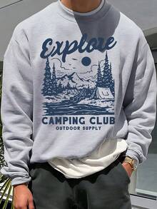 One Piece Knit Fabric Pullover Men's Camping Pattern Sweater - Mountains And Pine Trees Pattern, Warm Crew Neck Sweater For Autumn And Winter, Medium Elasticity Casual Sweater, Machine Washable, Camping Decor, Outdoor Style, Loose Fit, Comfortable Material, Long Sleeve Top, Perfect For Nature Lovers