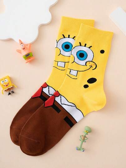  1 par herrstrumpor med intressant personlig och söt färg, Jacquardmönster i flerfärgad jacquardstil med Spongebob-mönster, unisex, sportkläder, året runt, europeisk/amerikansk storlek, bekväma, andningsbara, hållbara, livfulla färger, lämpliga för vardagsbruk, premiumtyg, täpper inte till, höst