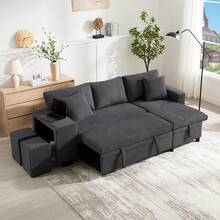 Klappsofa mit Schlaffunktion, L-förmiges umbaubares Ecksofa mit USB-Ladeanschluss und Kissen, 3-Sitzer-Umbausofa mit Seitenablagen und Stauraum