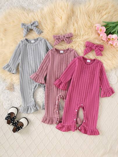 Set de 6 piezas de pelele de unicolor acanalado con volantes + diadema a juego con lazo para bebé niña, diseño con botones a presión para facilitar el uso, fresco y sencillo, suave y cómodo para otoño/invierno