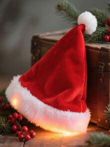Pălărie luminoasă de Moș Crăciun, pălărie de Moș Crăciun, pălărie de sărbătoare de Moș Crăciun pentru adulți, stil neutru roșu, catifea dublă, caldă și confortabilă, petrecere de Anul Nou, pălărie de Crăciun groasă de pluș de înaltă calitate, accesoriu pentru costum de Crăciun