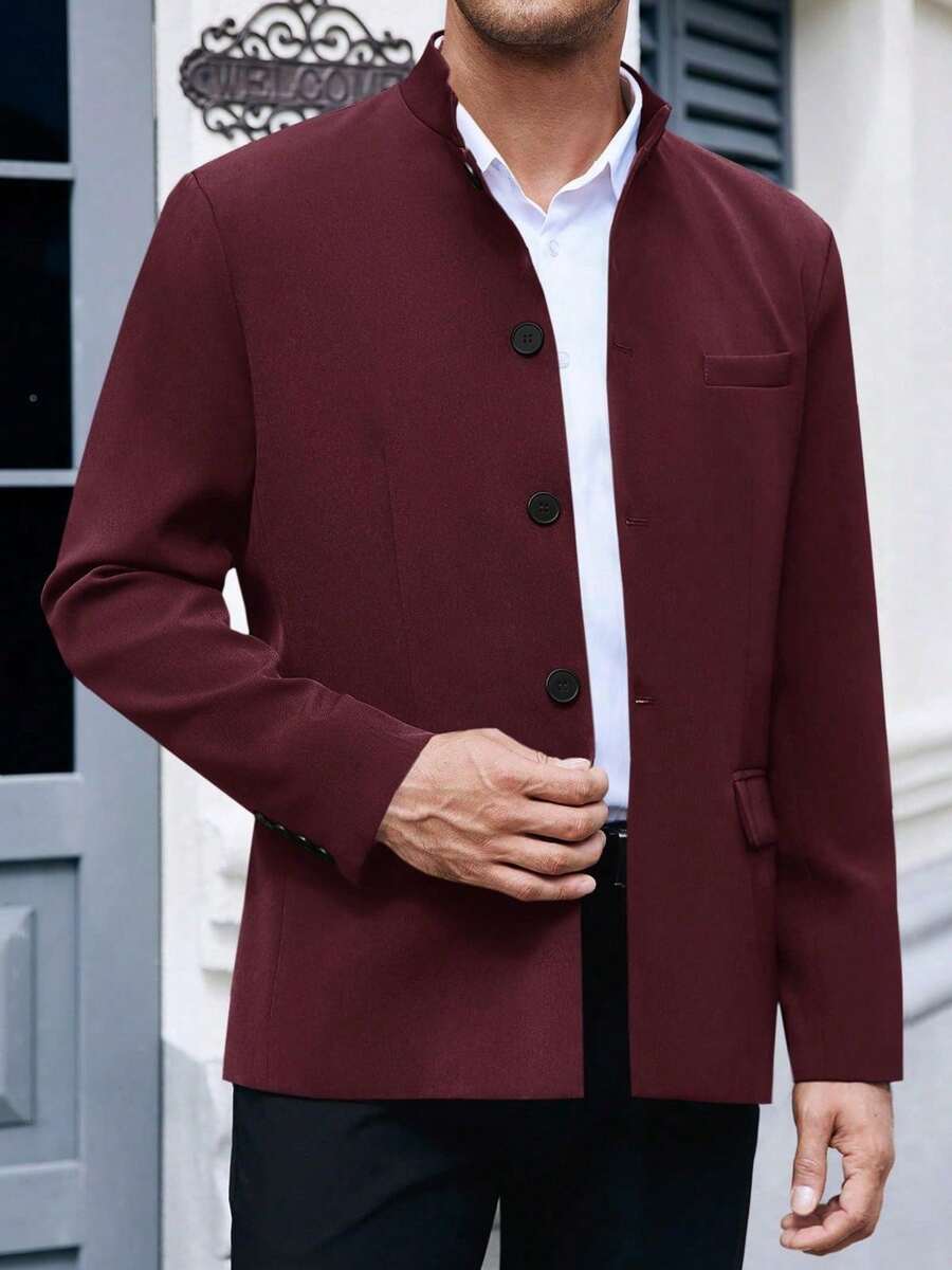 Mens Casual Suit Blazer Jackets Stand Mandarin Collar Lightweight Lined Sport Coats Business Coats - 酒紅色 - 查看 1