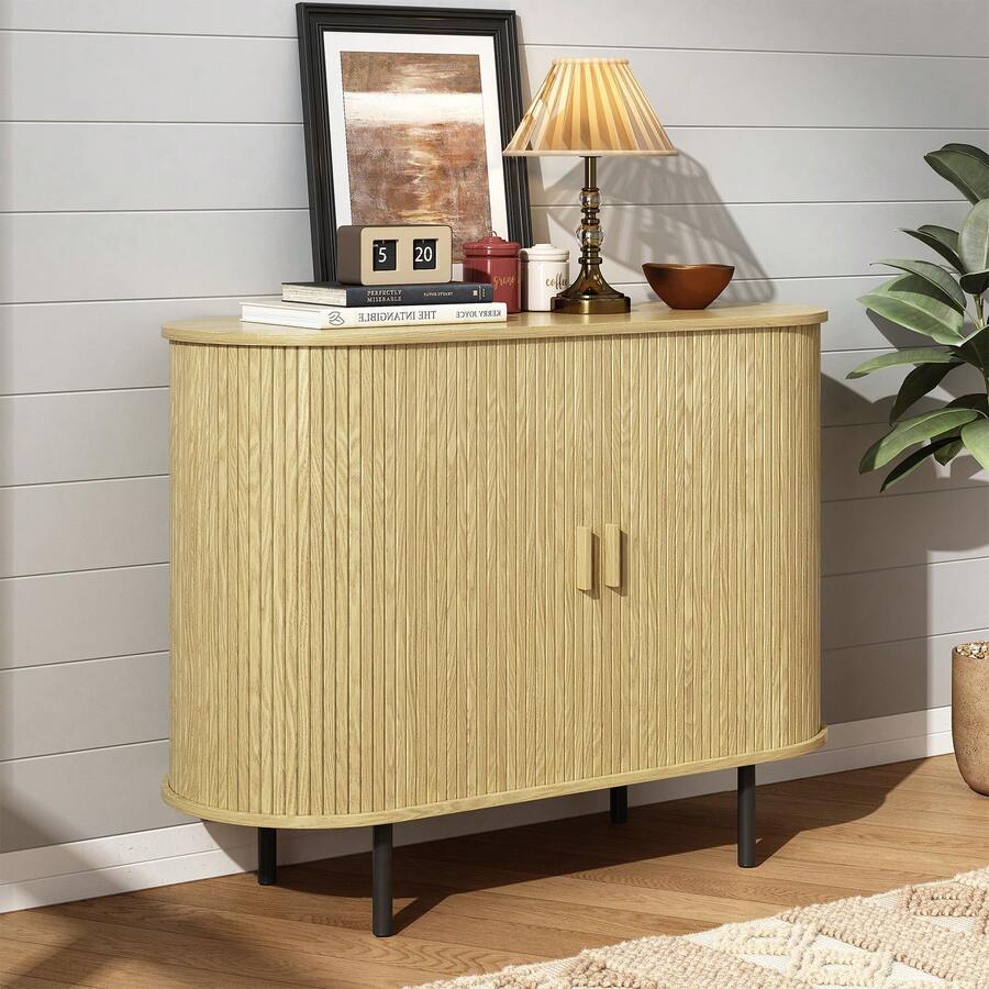 Aparador tipo buffet con puerta corredera, armario de almacenamiento con estante ajustable, aparador de madera acanalada, mesa consola moderna con acento para barra de café, cocina, entrada, sala de estar, roble - Caqui - Ver 1