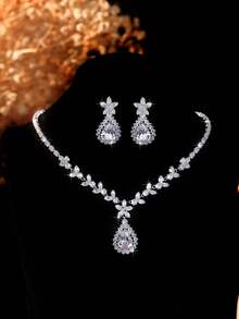 3pcs Luxury Zirconia Water Drop Necklace Earrings Jewelry Set, Elegant For Daily Commute, Bridal Wedding Party, Versatile Accessory - Silver - View 2