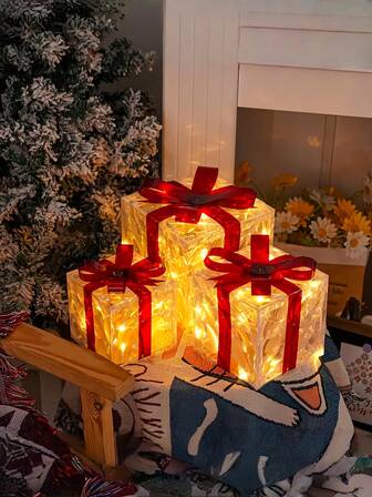 3pcs Christmas Lantern Gift Box, Christmas Decorative Lantern Gift Box Set, LED Christmas Gift Box With Bow, Christmas Accessories, Suitable For Home Decoration (3 Pieces Set) Christmas Atmosphere Light String, Holiday Gift Lantern, Room Christmas Tree Prop, Decorative Lamp Arrangement, Christmas Decoration, Outdoor Courtyard Decoration, Suitable For Holiday Home