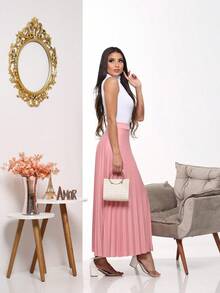 Long Pleated Skirt, Plain, Fashion 2025 - Pink - View 3