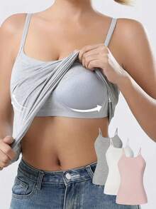 1/4-Piece Women's Built-In Bra Tank Top - Seamless Long-Sleeve Top, Soft And Stretchy Fabric In Solid White/Gray/Black/Beige, Versatile Strapless Layered Styling For Casual Wear, Smooth Texture Basic Style, Breathable Material, A Wardrobe Essential. - 灰色 - 查看 1