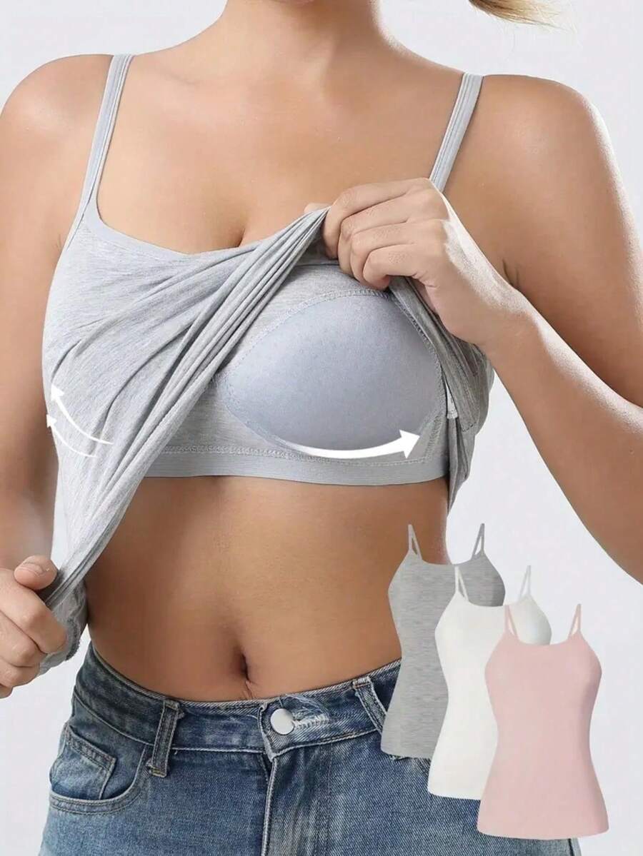 1/4-Piece Women's Built-In Bra Tank Top - Seamless Long-Sleeve Top, Soft And Stretchy Fabric In Solid White/Gray/Black/Beige, Versatile Strapless Layered Styling For Casual Wear, Smooth Texture Basic Style, Breathable Material, A Wardrobe Essential. - 灰色 - 查看 1