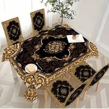 4/6/5/7 Pcs Black & Gold Patterned Tablecloth & Chair Cover Set, 4 Pcs (4 Chair Covers), 6 Pcs (6 Chair Covers), 5 Pcs (1 Tablecloth + 4 Chair Covers), 7 Pcs (1 Tablecloth + 6 Chair Covers), Suitable For Indoor/Outdoor, Home Gatherings, Holiday Table & Chair Decor, Reusable - Multicolor - View 7