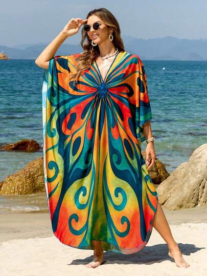Plus Size Women's Colorful Tropical Leaf Print Loose V-Neck Batwing Sleeve Side Slit Flowy Chiffon Maxi Dress, Beach Resort Swimsuit Cover Up, Comfortable Summer Dress