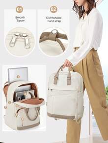 Floless 14/15.6英寸笔记本电脑背包，符合航空公司个人物品标准，可作为随身行李携带，适用于14英寸笔记本电脑，防盗设计，耳机接口，防水，适合大学宿舍、商务通勤、户外运动、日常休闲使用，大容量 - 米色 - 查看 7