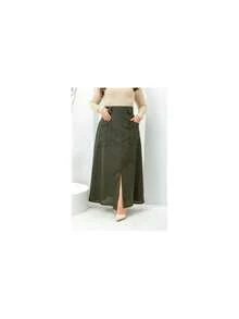 Long High Waist Linen Skirt Lined With Pockets Moda Evangelica - xanh quân đội - Xem 2