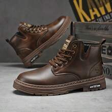 男士纯色休闲靴，侧拉链系带步行鞋，适合各种户外活动，棕色，春/秋/冬街头服饰