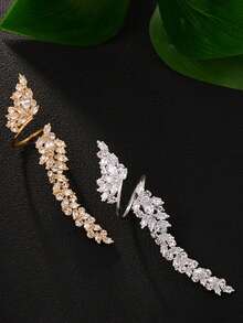 rundraw 1 chiếc nhẫn hở đính đá Zirconia hình lá sang trọng thời trang màu đồng và bạc dành cho nữ, thích hợp làm phụ kiện trang phục dạ hội, tiệc tùng, tiệc tối và hàng ngày - Bạc - Xem 3