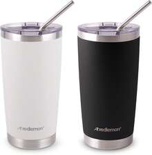 2 Botellas Aisladas de Acero Inoxidable de Doble Capa de 600ml con Tapa Sellada para Agua y Café, Incluye Pajita y Limpiador - Negro, blanco y plata - Ver 1