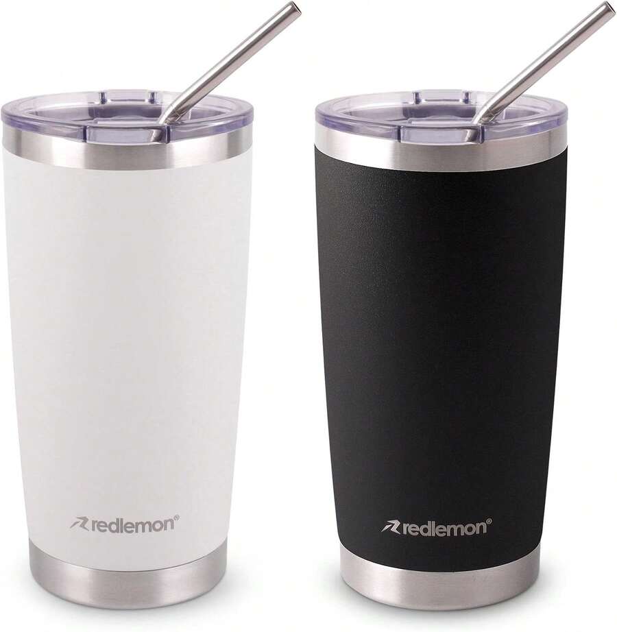 2 Botellas Aisladas de Acero Inoxidable de Doble Capa de 600ml con Tapa Sellada para Agua y Café, Incluye Pajita y Limpiador - Negro, blanco y plata - Ver 1