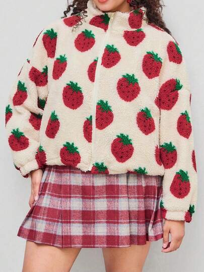 Chaqueta de lana con cuello alto, bolsillo con estampado de fresa y contraste de color, versátil y casual, para mujeres de talla grande en otoño e invierno. Conjunto de atuendo para brunch de mujeres de talla grande.