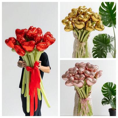 Heart Shaped Foil Balloons, Red, Rose Gold, Gold Heart Shaped, Green Oblong Balloons - Suitable For Celebration Events Like Valentine's Day, Wedding, Birthday, Mother's Day And Engagement Party. Durable Foil, No Helium Needed. Great For Decoration And Photo Props.