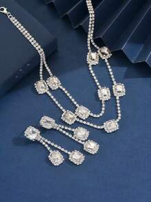 New Arrival Hot Selling Colorful Double-Layer Crystal Necklace & Earrings Set, Bridal Accessories, Party & Evening Fashion Rhinestone Jewelry Set