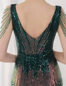Women's Sequin Formal Evening Tassel Bead Sleeve Long Maxi Party Dress, Retro Glam Style RRV9 - Màu xanh lá cây rực rỡ - Xem 10