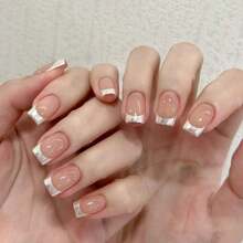 Silver French Tip Press On Nails Short Square Fake Nails Nude False Nails Full Cover Stick On Nails Glossy Acrylic Nails Press Ons, Gel Glue On Nails Reusable Artificial Nails For Women Manicure 24Pcs - 裸銀色 - 查看 1