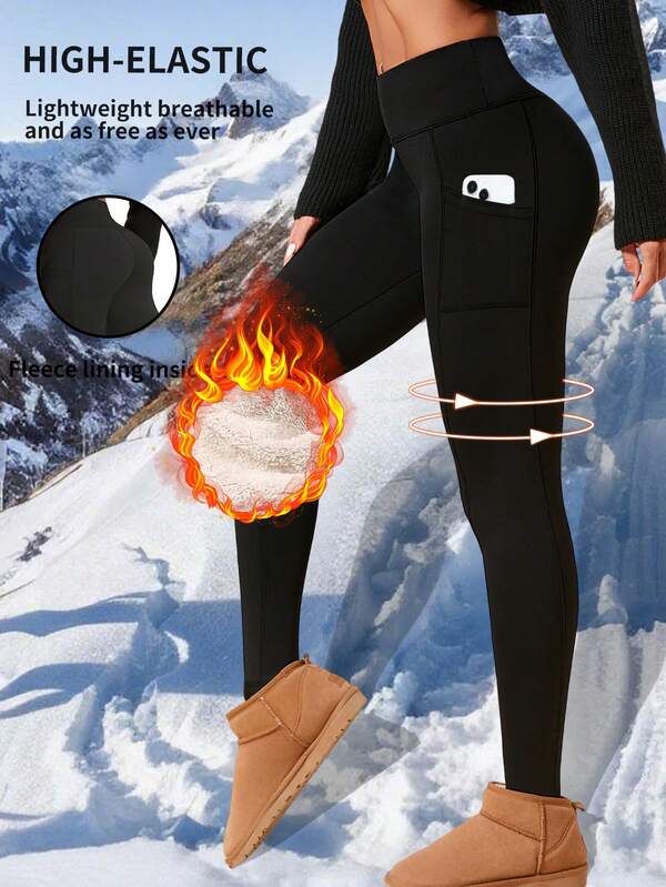 1Pc Autumn/Winter Thermal Lined Yoga Pants, Slimming Waist Casual Yoga Sports Leggings With Side Pockets Tights