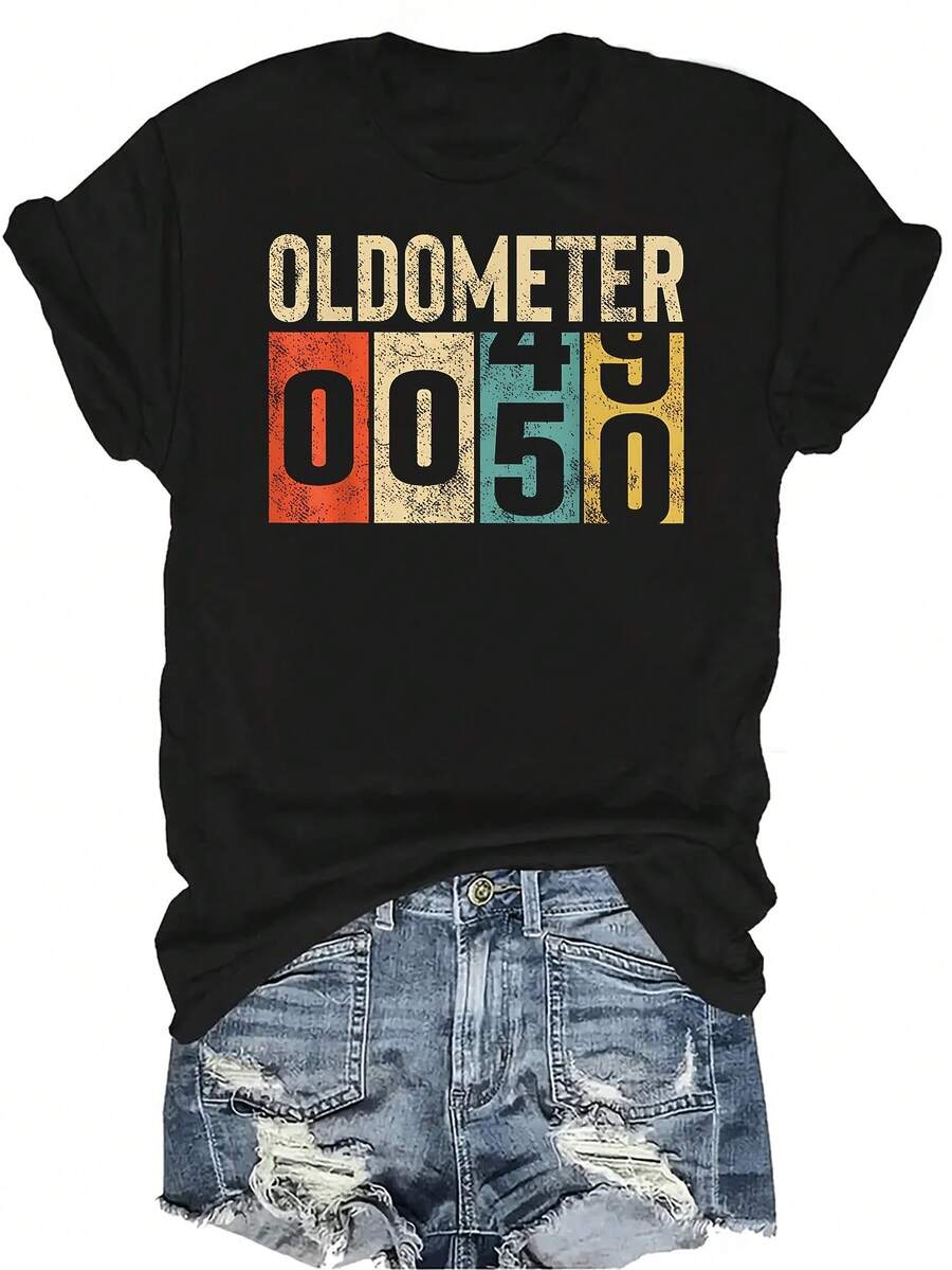 Camiseta divertida con diseño de odómetro de 50 años para mujer, unisex, de verano, casual, transpirable, con personalidad, cuello redondo, manga corta, ropa de calle, versátil, adecuada para adolescentes y adultos - Negro - Ver 1