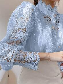 Women's Shirt, French Lace Patchwork Shirt, Elegant And Fashionable Women's Clothing, Pearl Button Lace Small Collar Long-Sleeve Shirt, Plus Size Women's Shirt - Màu xanh bạc hà - Xem 2