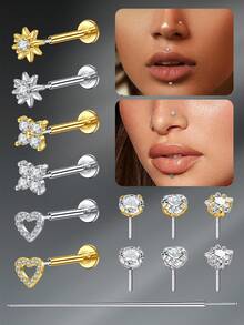 CIZME 5pcs Funky Stainless Steel Heart Lip Studs For Women For Daily Decoration, 18G Lip Piercing Jewelry Push In Lip Studs Cartilage Tragus Earrings Studs Labret Lip Studs Labret Piercing Jewelry - Lip Studs - View 1