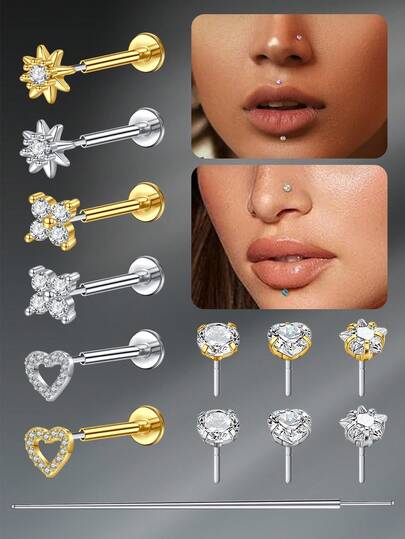 CIZME 5 st funky rostfritt stål hjärtformade läppstift för kvinnor för daglig dekoration, 18G läpppiercingsmycken tryck in läppstift brosk tragus örhängen stift labret läppstift labret piercingsmycken