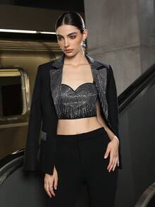 D&M Women's Glamorous Rhinestone Striped Sexy Backless Crop Top, Fashionable Versatile Garment For Women, Creating A Modern Look, Perfect For Nights Out And Special Occasions, Dazzling - Black - View 4