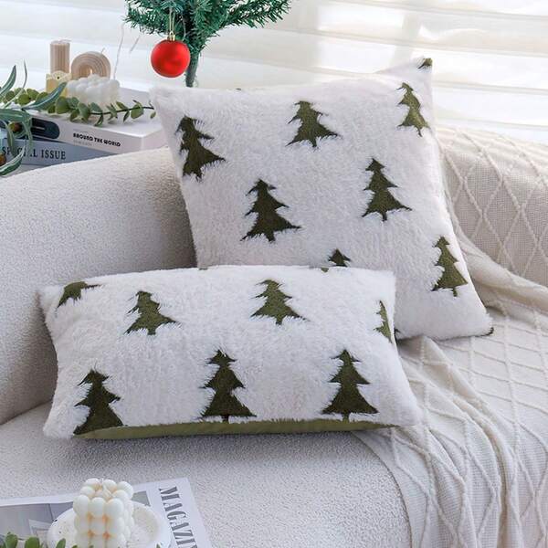 1pc Christmas Tree Plush Pillow Covers Soft Fluffy Cushion Cases For Sofa Bedroom Christmas Decor 45x45/30x50cm (Cover Only)