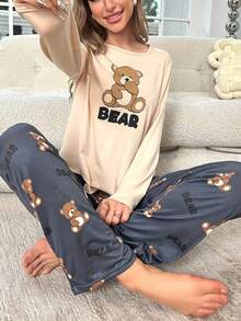 卡通熊印花长袖上衣和长裤睡衣套装，女士秋冬服装 - 杏色 - 查看 1