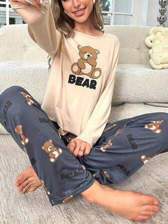卡通熊印花长袖上衣和长裤睡衣套装，女士秋冬服装