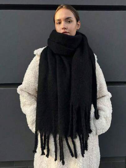 1 Stück einfarbiger Schal, warmer Winterhals, dicker gestrickter Wollfranzen-Schal, Winterschal für Kleider