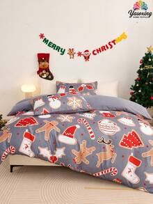2/3pcs Grey Christmas Snowflake Gift Gingerbread Man Pattern Reversible Color Duvet Cover Bedding Set, Soft Breatheable Wrink-Free Better For Sleep, Luxury Hotel Style, Gift For Mom Dad Friend, Quilt Comforter Duvet Cover*1 Pillowcase*1/2 King Queen Full Twin Size.Gender Neutral Christmas Atmosphere - Grey - View 7