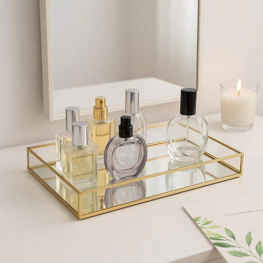 Gold Glass Perfume Tray Mirror Vanity Jewelry Trinket Magazine Photo Organizer Ornate Cosmetic Makeup Display Decorative Coffee Table Tray For Home Decor Dresser Tabletop (11.8" X 8") - Vàng - Xem 1