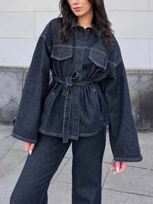 SHIBASHAN 女款超大休闲翻领牛仔夹克配腰带长袖单排扣外套
