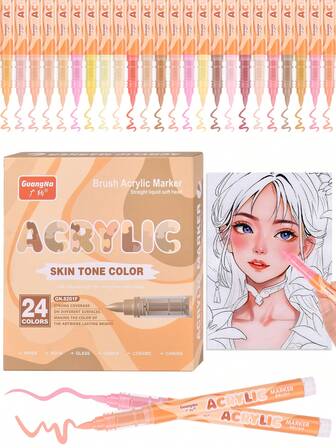 GuangNa Flytande akrylmarkörer med 24 hudtoner och macaron-palett, anime-specifika mjuka markörer, kan lägga färger på lager med stark täckning, lämpliga för studentskissning och klotter, illustrationer av animekaraktärer.