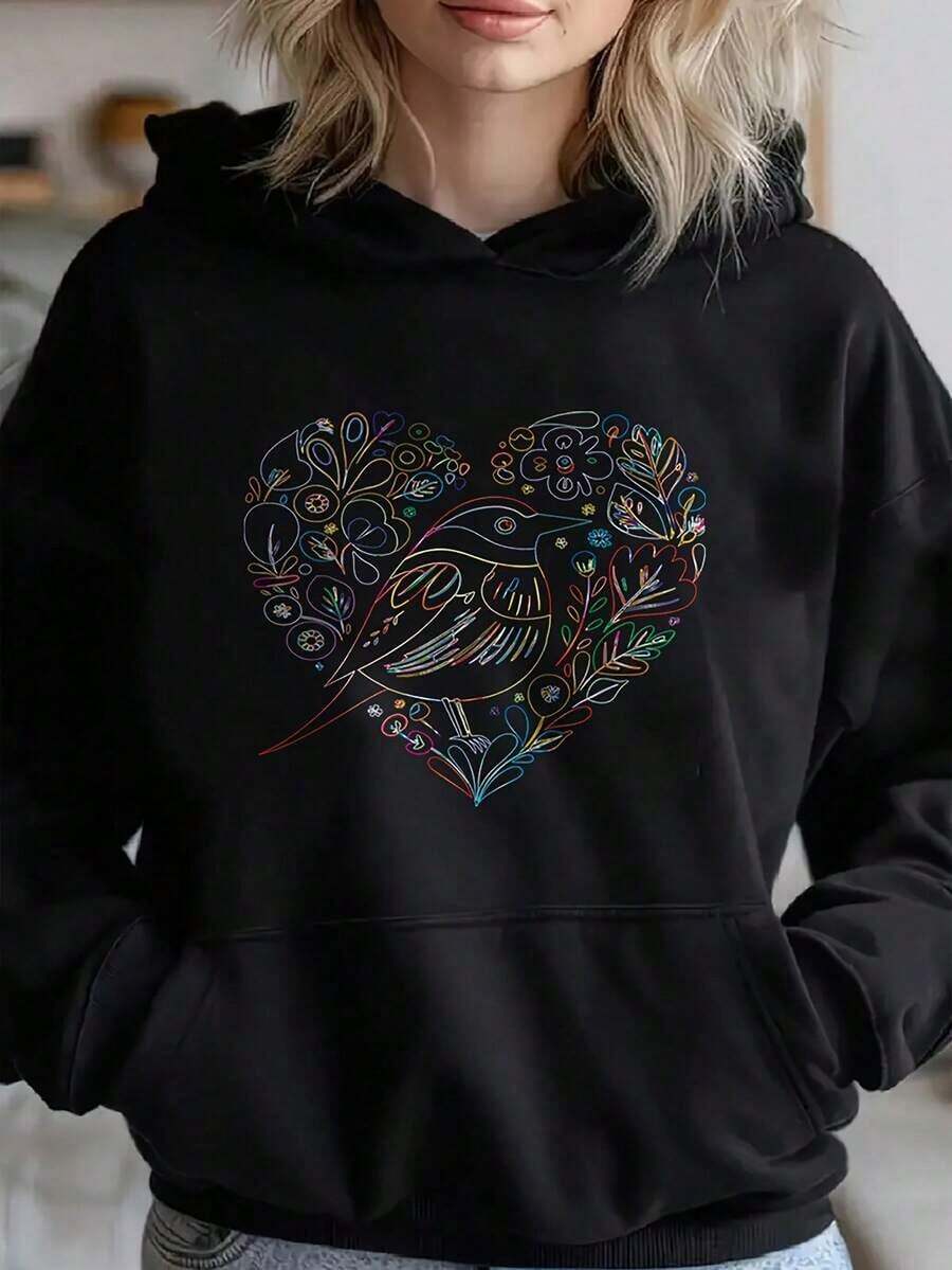 Women's Casual Rainbow Bird Heart Print Black Hoodie Sweatshirt, Long Sleeve Pullover Hooded Tops For Autumn Winter, Cozy Soft Comfortable Daily Wear, Plus Size Available2025 - 黑色 - 查看 1