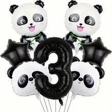 7pcs Panda Themed Birthday Foil Balloon Set, Including 18" Black Star And Cute Panda Head, Paired With 32" Black Number 1, 2, 3, 4, 5, 6, Essential Panda Party Decorations For Kids - Black - View 5