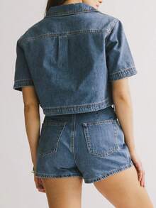 Women's Summer Denim Outfits Short Sleeve V-Neck Crop Tops + Skorts Set Party Clothes - 藍色 - 查看 8