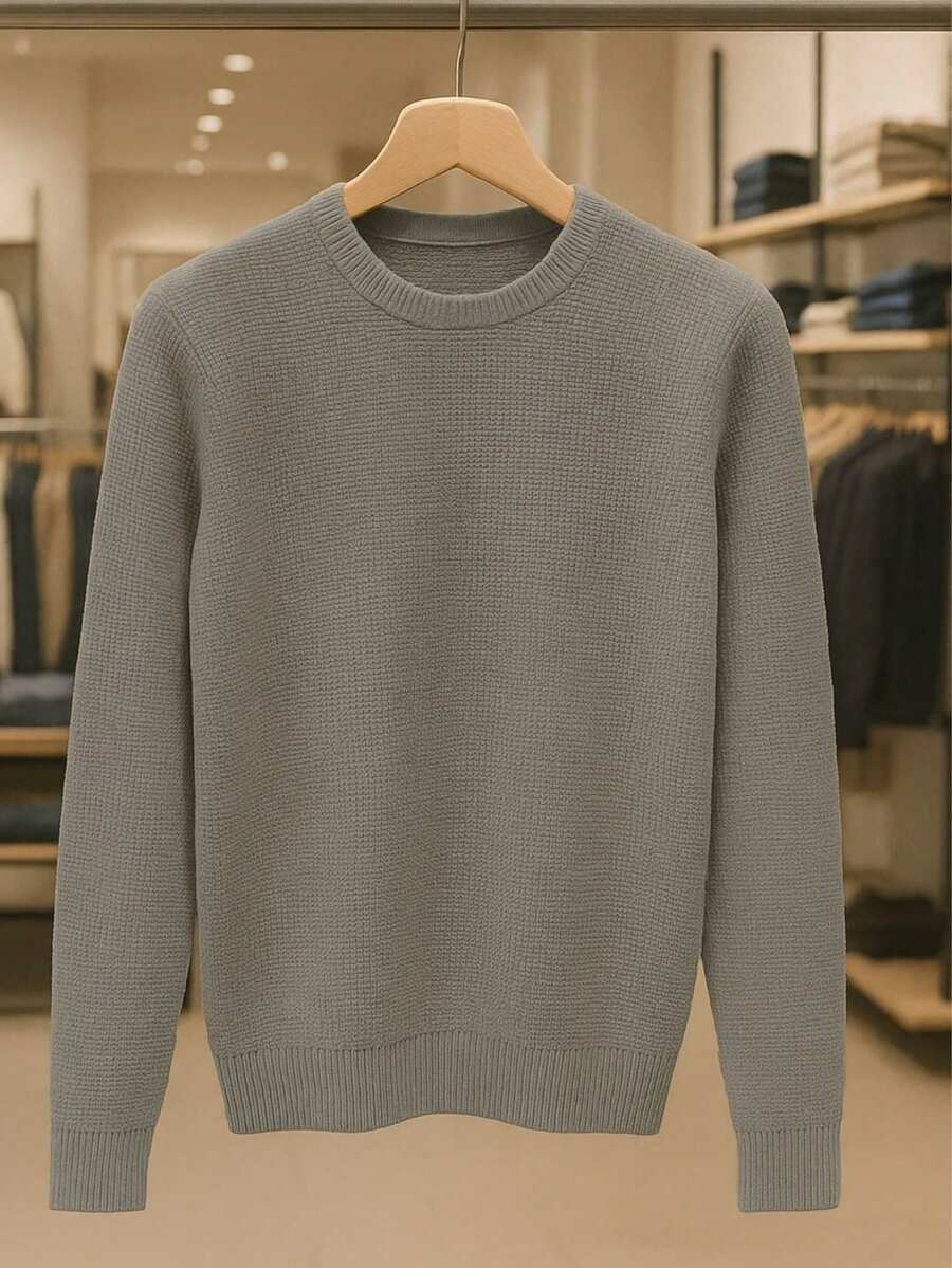 Men's Knitted Sweater, Round Neck, Long Sleeve, Basic Casual Knit Top - 灰色 - 查看 1